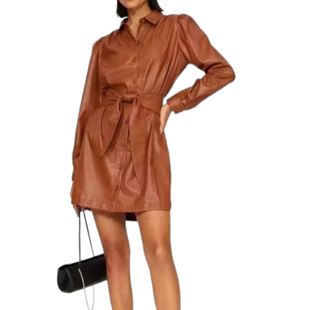 Peter Som Brown Faux Leather Belted Tie Front Mini Shirt Dress - 4